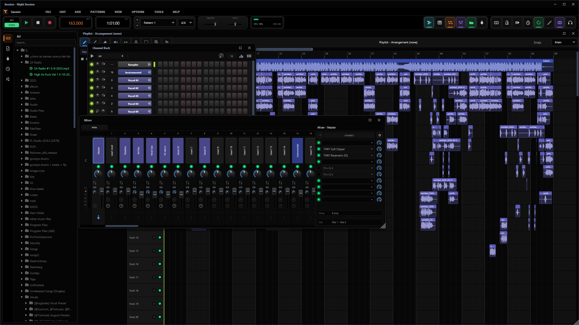 Current Session build showing a vocal arrangement, channel rack, and mixer in the Pure Black theme